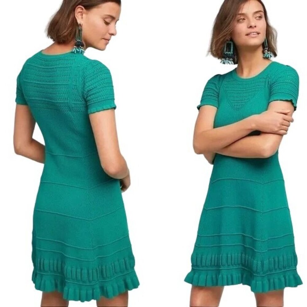 Anthropologie Maeve Green Promenade Pointelle Fit Flare Ruffle Hem Dress M